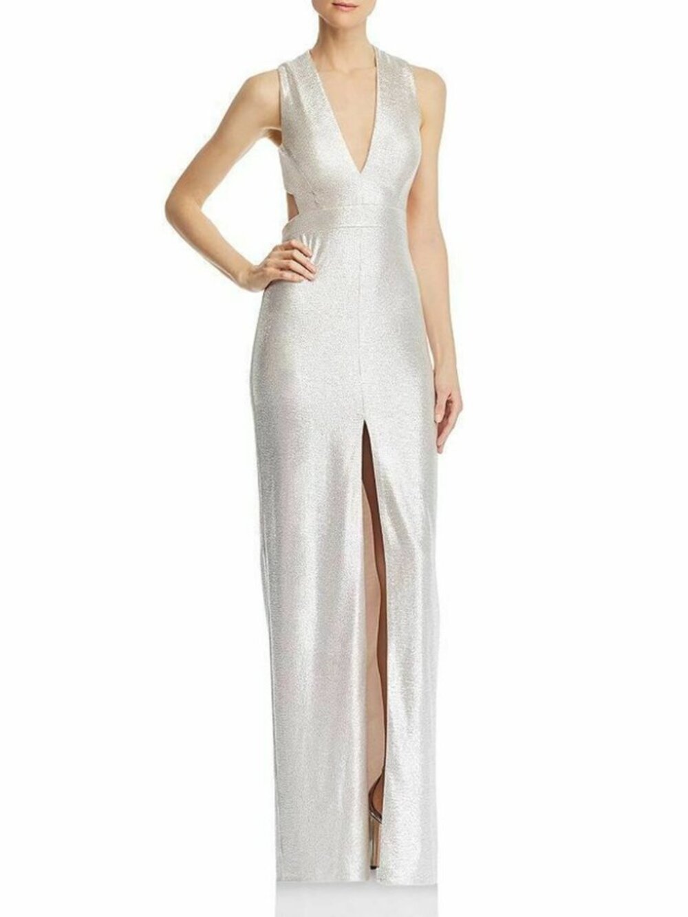 Aidan Mattox Champagne Silver Metallic Foiled V-Neck Gown Size 0